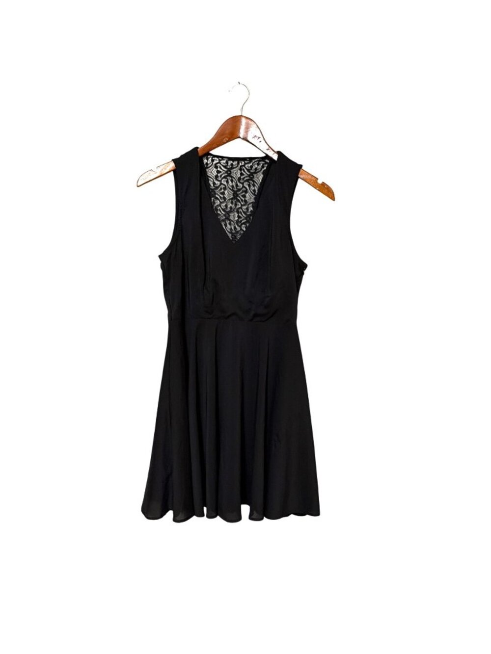 Black Sleeveless Dress Lace V-Neck Detail Flared Skirt And Side Zipper Closure